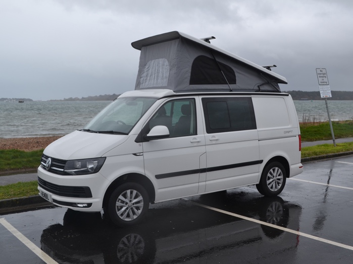 Hembil Drift parked on a wet day in a car park by the sea